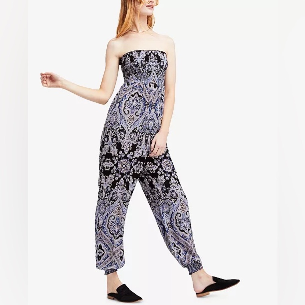 Free People Thinking Of You Printed Strapless Jumpsuit
